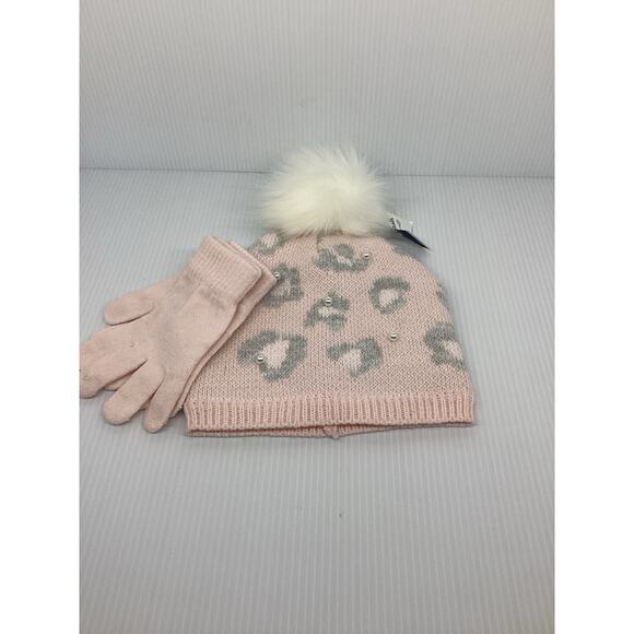 Soft Pink Hat With Pearls Gloves Faux Fur Pom NWT - Picture 1 of 4